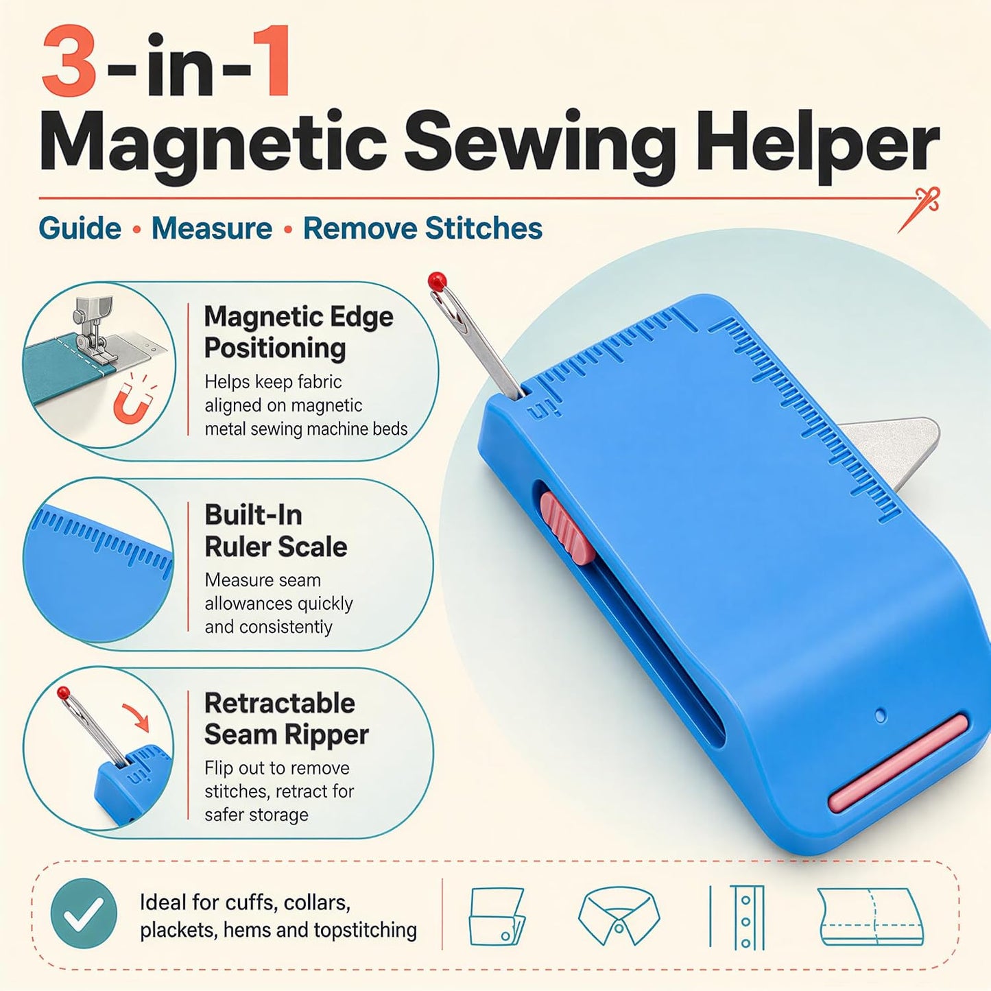 🧵 3-in-1 Magnetic Sewing Helper | Magnetic Seam Guide