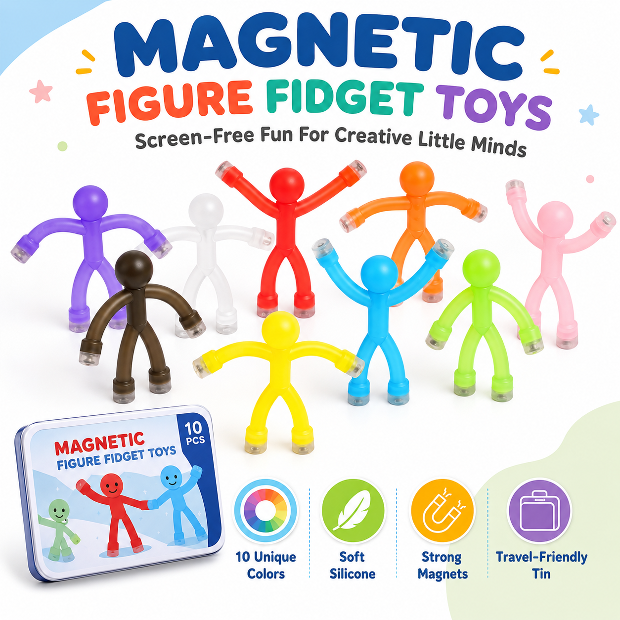 🧲 10-Pack Magnetic Bendy Figures – Creative Fidget Toy Set