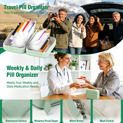 💊A8 Waterproof 14-Pouch Weekly Pill Organizer, Color-Coded Travel Storage for Vitamins & Supplements