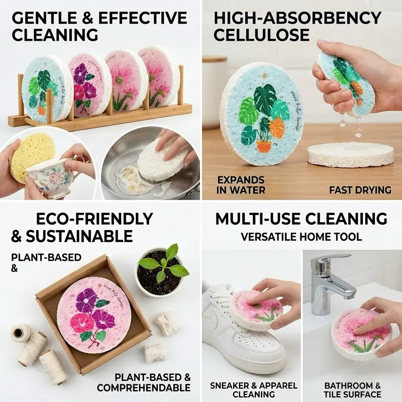 Natural Wood Pulp Floral Dish Sponge 🌱 | Eco-Friendly Kitchen Cleaning Essential 🧽