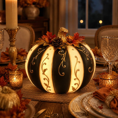 Lighted Black & Ivory Pumpkin Decor with Remote