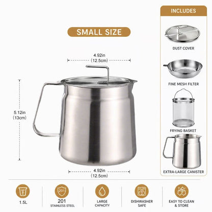 68oz 201 Stainless Steel Deep Fryer Pot with Basket & Strainer, Large Capacity Bacon Grease Container for Kitchen,Frying, Cooking, Camping,Oil Filter Container - Dishwasher Safe