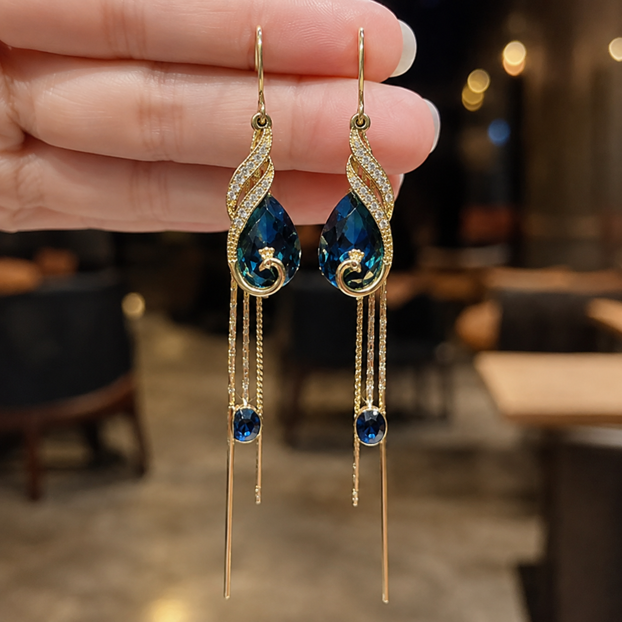 🦚 Royal Peacock Teal Crystal Tassel Earrings • Elegant Drop Earrings