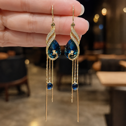 🦚 Royal Peacock Teal Crystal Tassel Earrings • Elegant Drop Earrings