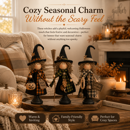 Rustic Halloween Witch Figurines, Set of 3 – Vintage Farmhouse Tabletop Decor
