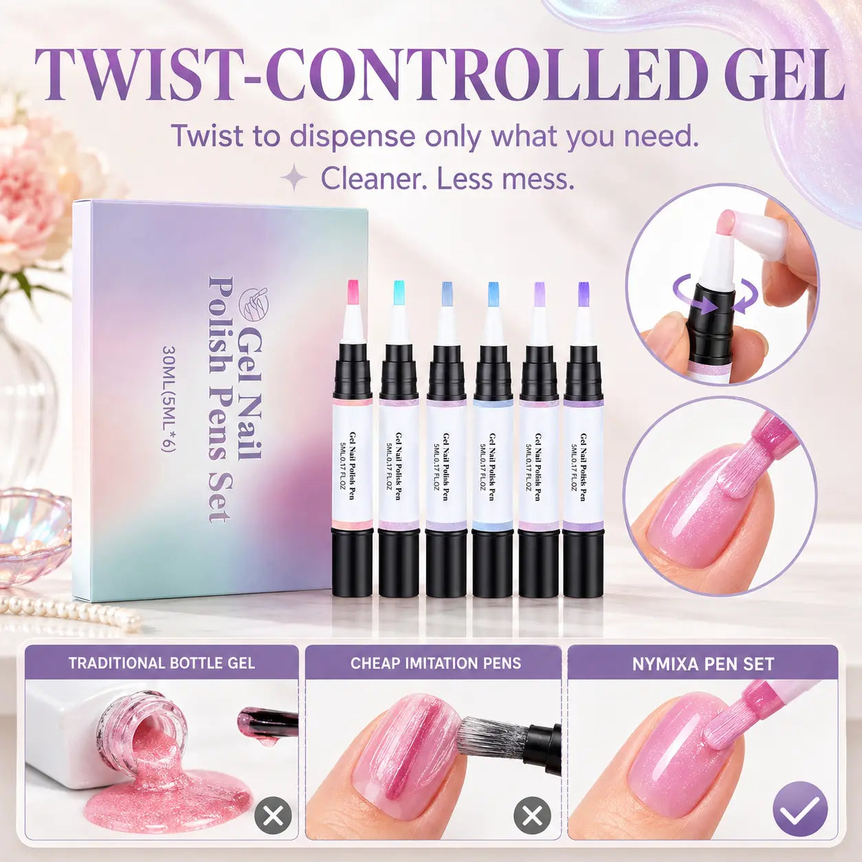 6-Color Pearl Gel Nail Polish Pen Set for Easy DIY Nails