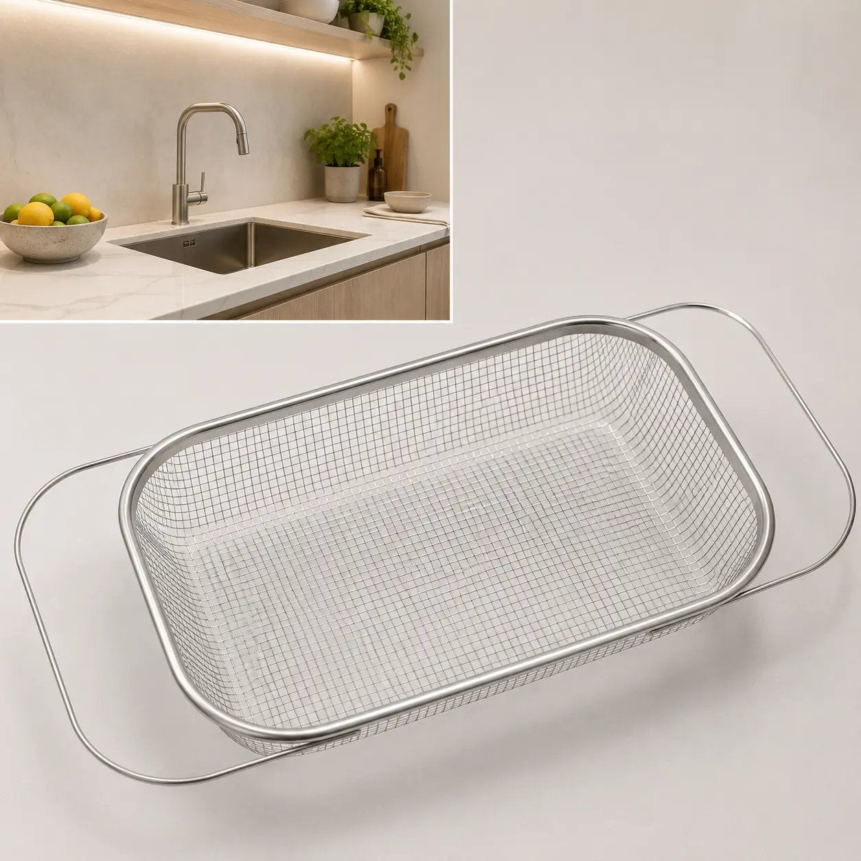 Stainless Steel Over-The-Sink Colander Strainer Basket, Expandable Rectangle Fine Mesh Kitchen Utensils with Handles, Silver Kitchen Essential