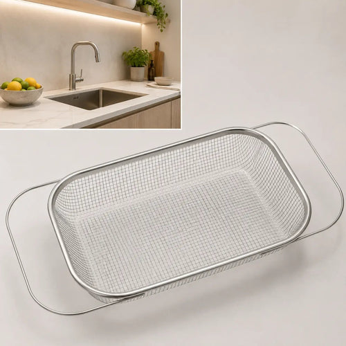 Stainless Steel Over-The-Sink Colander Strainer Basket, Expandable Rectangle Fine Mesh Kitchen Utensils with Handles, Silver Kitchen Essential