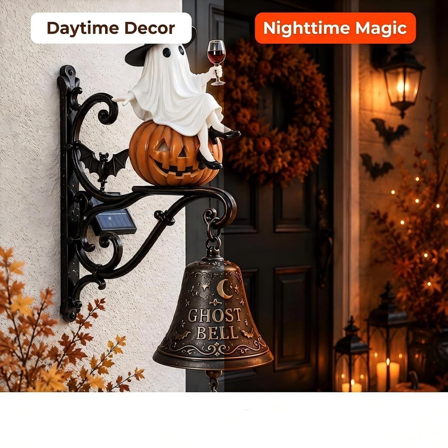 Vintage Ghost Bell Halloween Decor – Daytime Retro Elegance & Night Glowing Magic Ornament