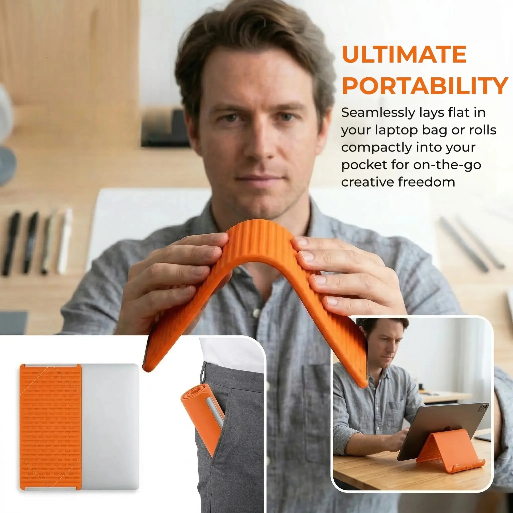 Flexible orange device stand folding for travel