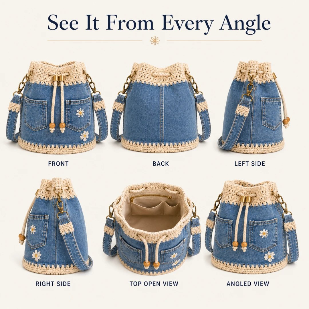 🔥 Top Back-to-School Picks - 👜 Denim Crochet Bucket Bag