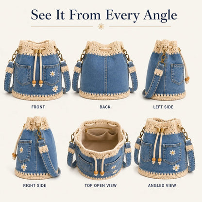 🔥 Top Back-to-School Picks - 👜 Denim Crochet Bucket Bag