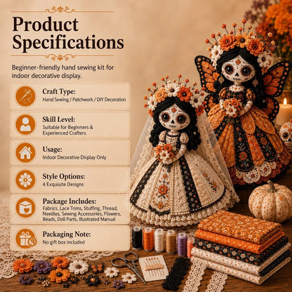🎃 Day of the Dead Patchwork Doll DIY Sewing Kit – Handmade Fabric Doll Making Kit with Floral Details