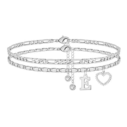 🎁 14k-Gold Plated-Double-Layer 26-Letter-Tone Chain Heart-Shaped Anklet with a heart-shaped pendant