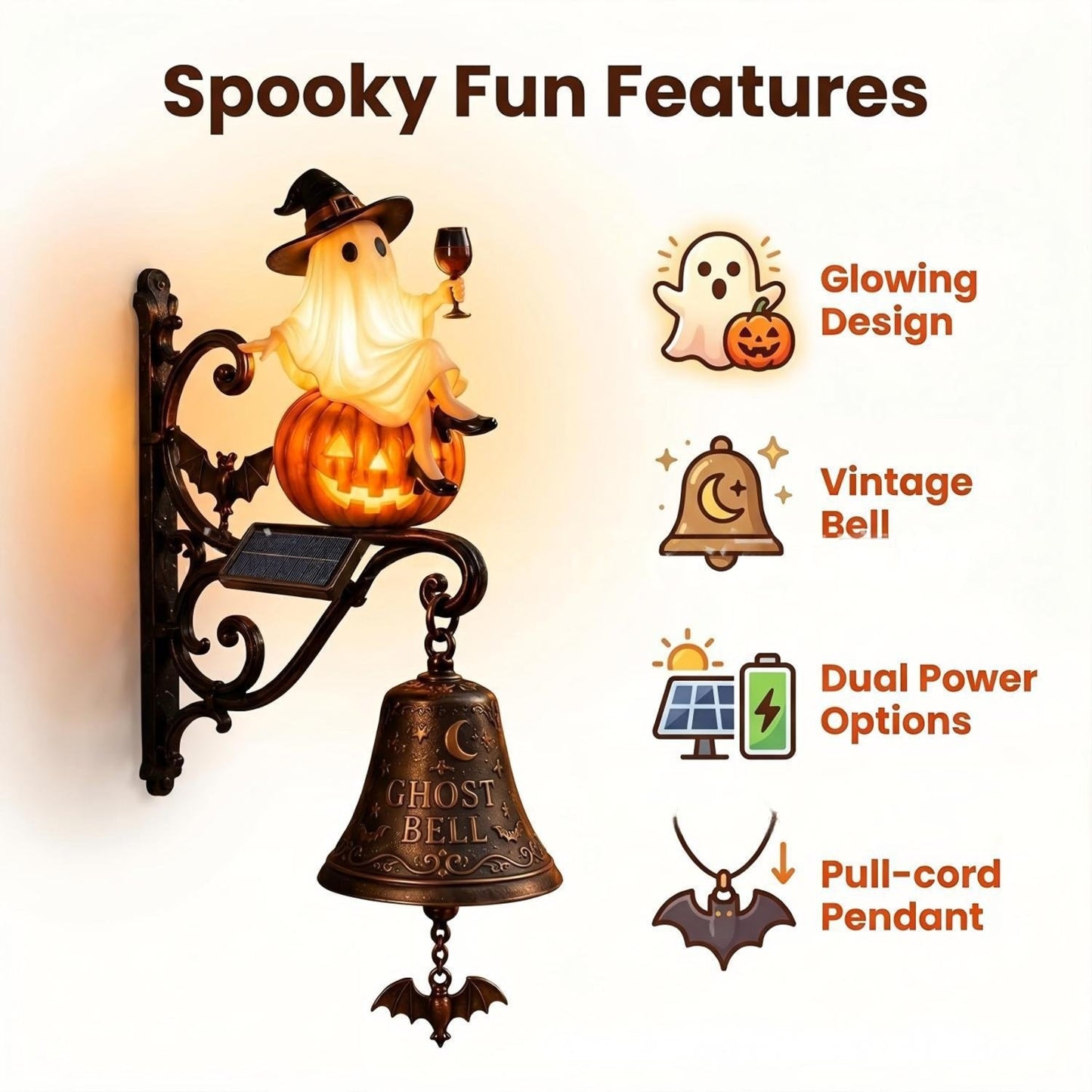 Vintage Ghost Bell Halloween Decor – Daytime Retro Elegance & Night Glowing Magic Ornament