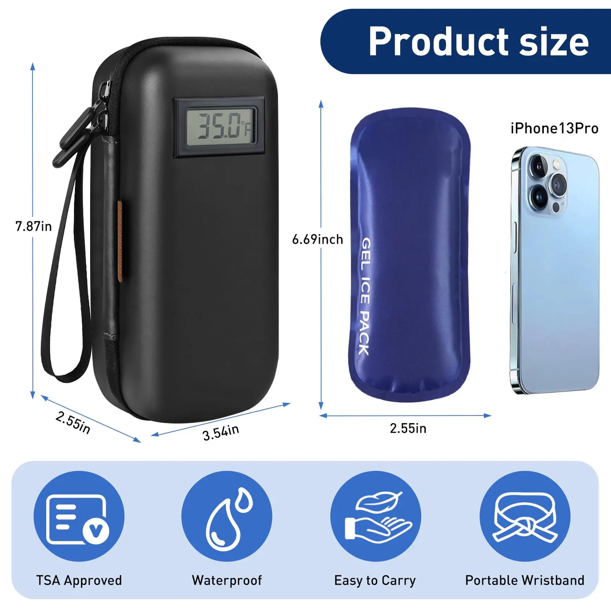 Insulin Cooler Travel Case with Temperature Display & 2 Ice Packs