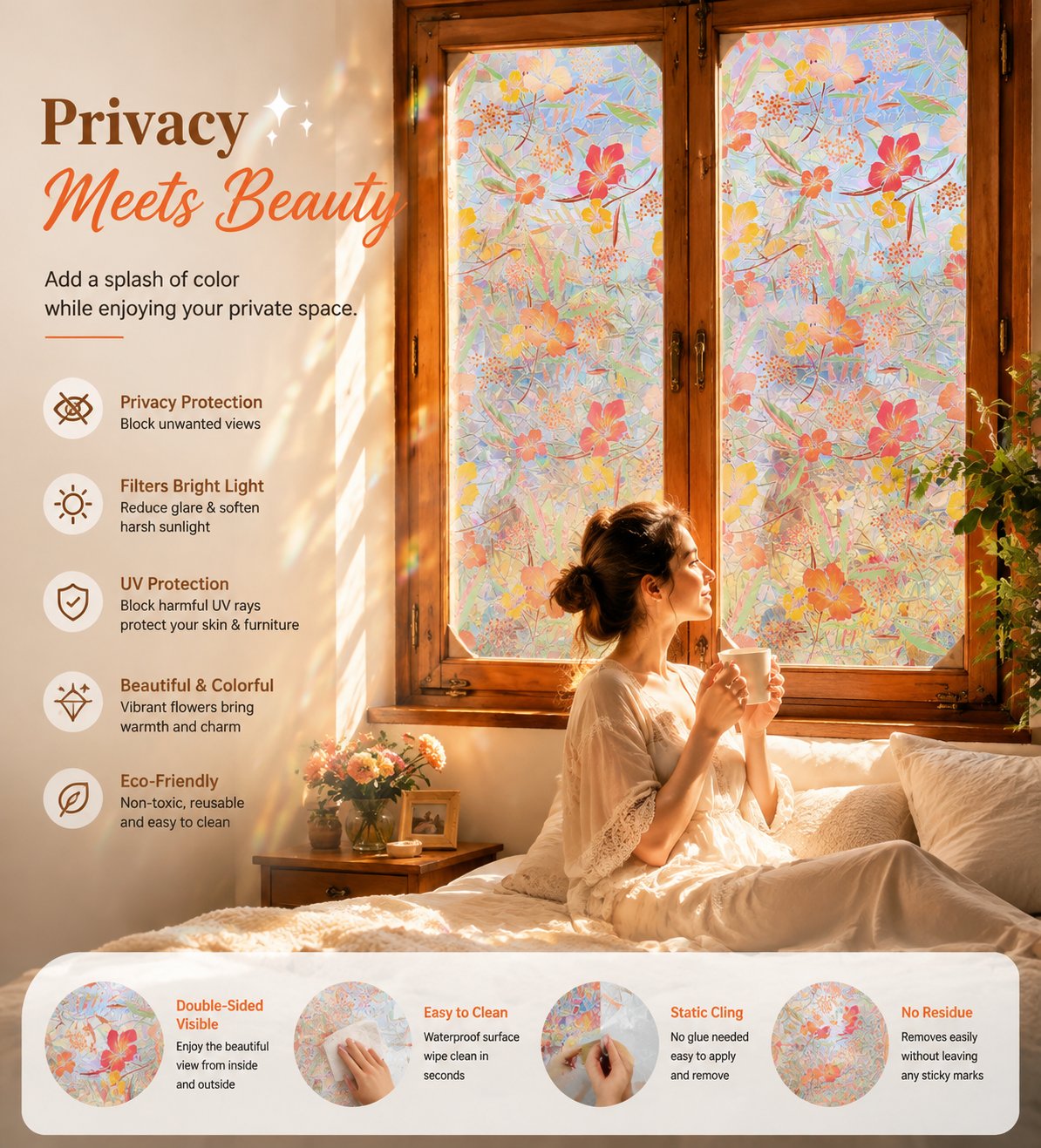 💐Colorful flowers, dazzling sunlight, double-sided visible glass decorative wall stickers