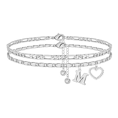 🎁 14k-Gold Plated-Double-Layer 26-Letter-Tone Chain Heart-Shaped Anklet with a heart-shaped pendant
