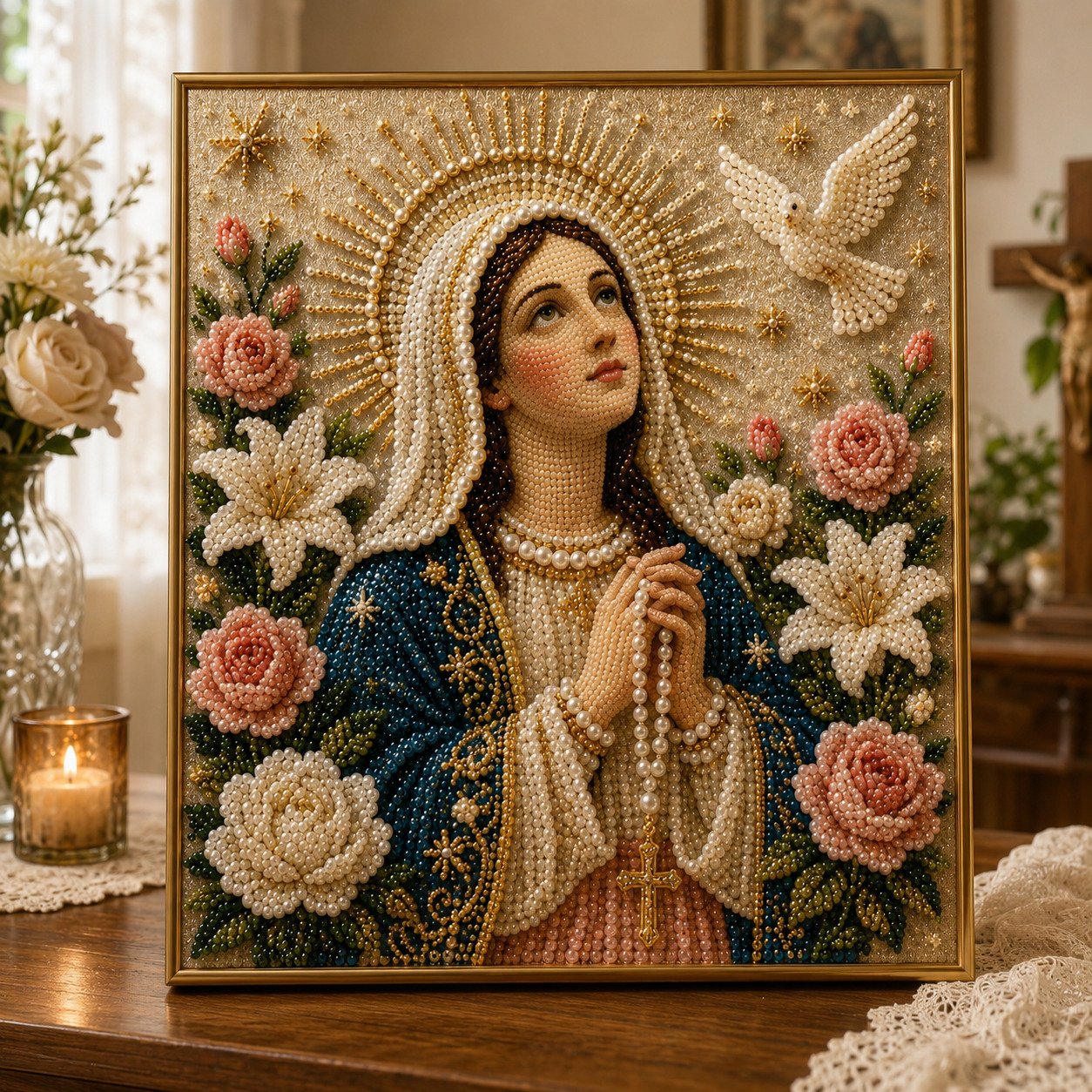 🔥HOT SALE🔥🙏 Divine Pearl Bead Virgin Mary Icon – A Peaceful DIY Faith Art Gift ✨