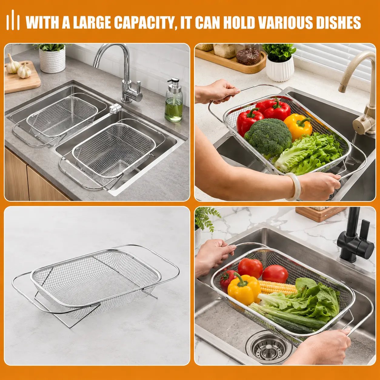 Stainless Steel Over-The-Sink Colander Strainer Basket, Expandable Rectangle Fine Mesh Kitchen Utensils with Handles, Silver Kitchen Essential