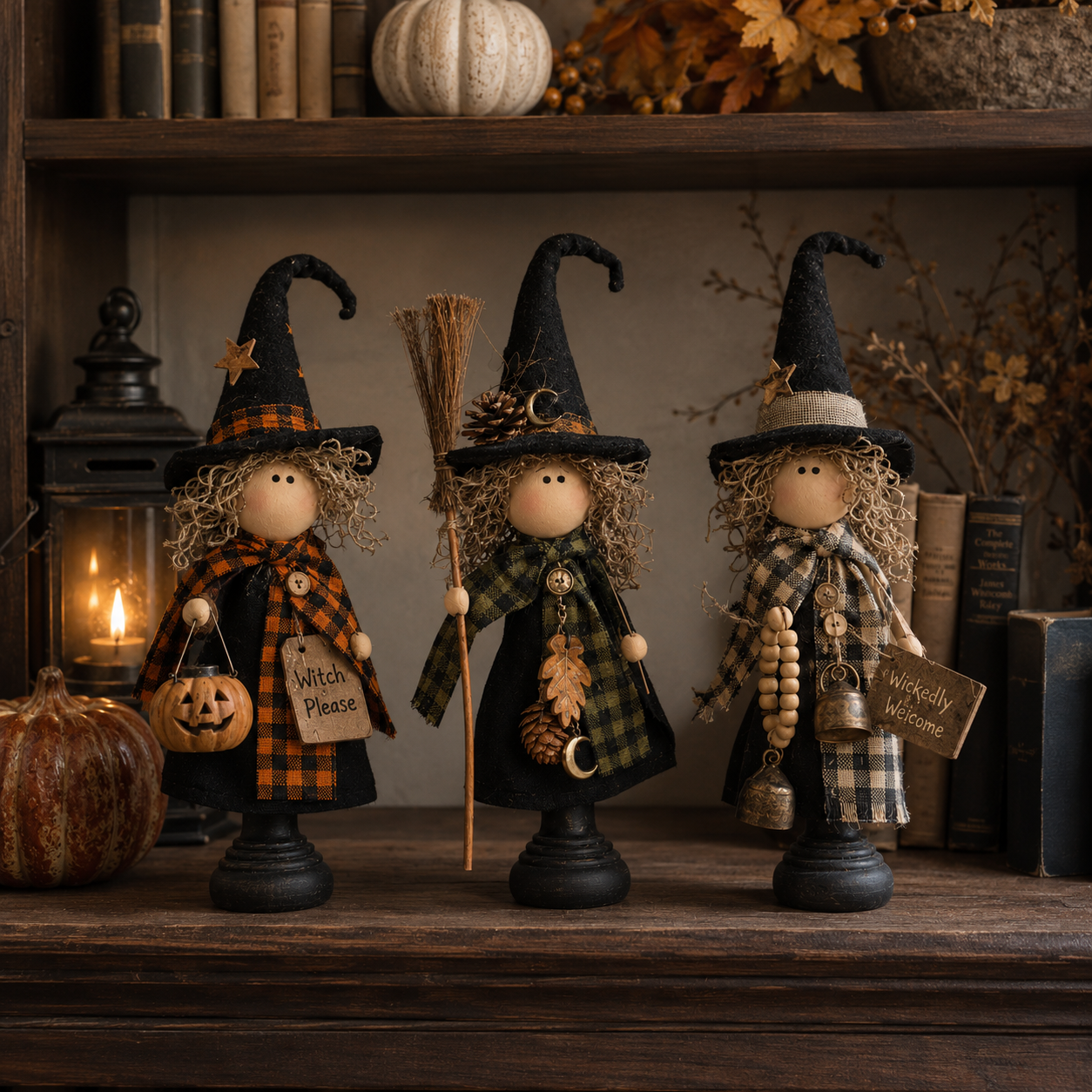 Rustic Halloween Witch Figurines, Set of 3 – Vintage Farmhouse Tabletop Decor
