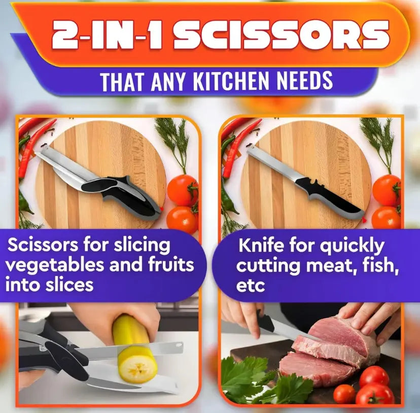 2-in-1 Kitchen Scissors with Cutting Board, Stainless Steel Food Shears