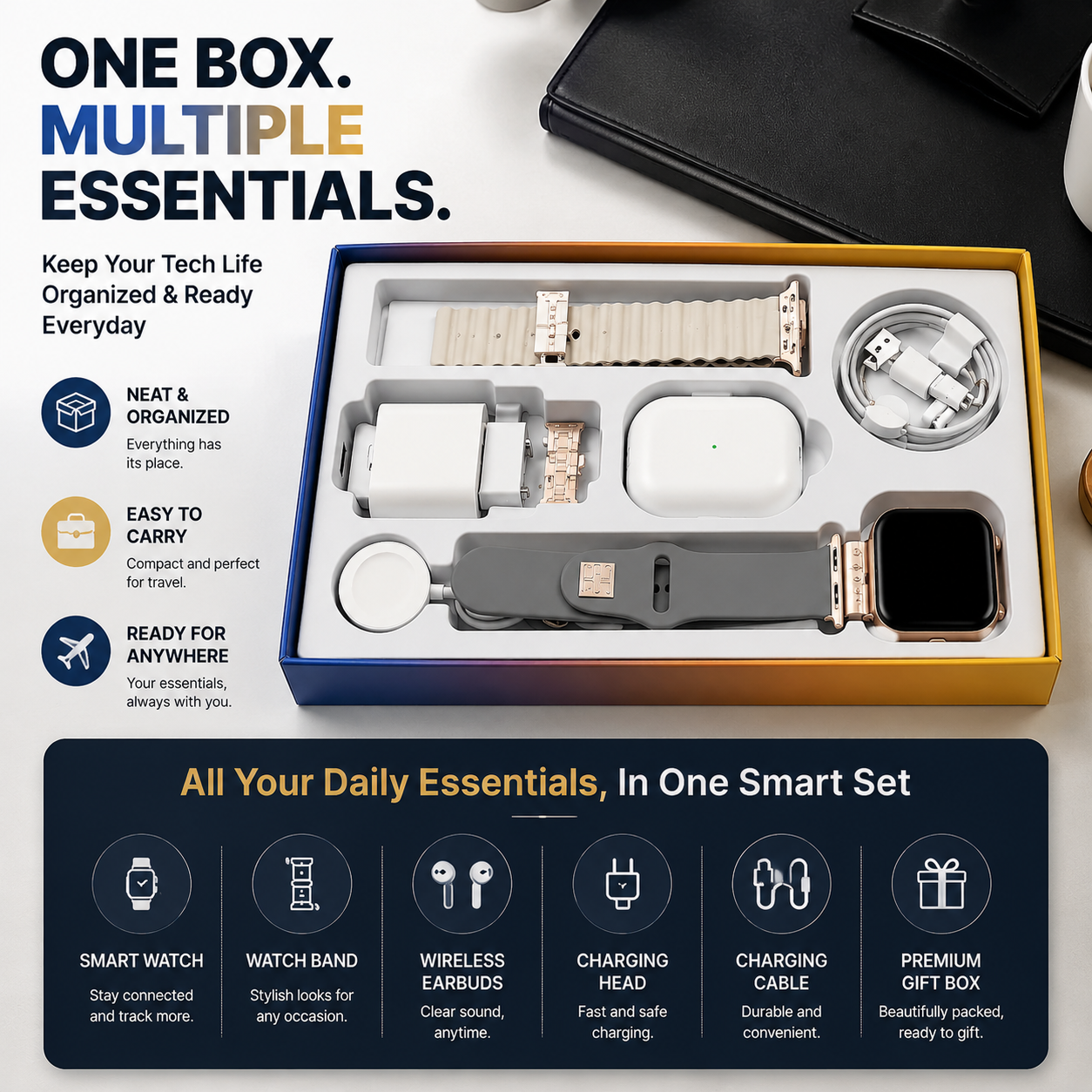 🎁 6-in-1 Smart Tech Gift Set – Smart Watch, Wireless Earbuds & Charging Essentials Kit