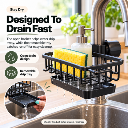 🧽✨Faucet-Mounted Kitchen Sink Organizer – Adjustable No-Drill Sponge & Brush Holder with Removable Drip Tray, Space-Saving Storage Caddy