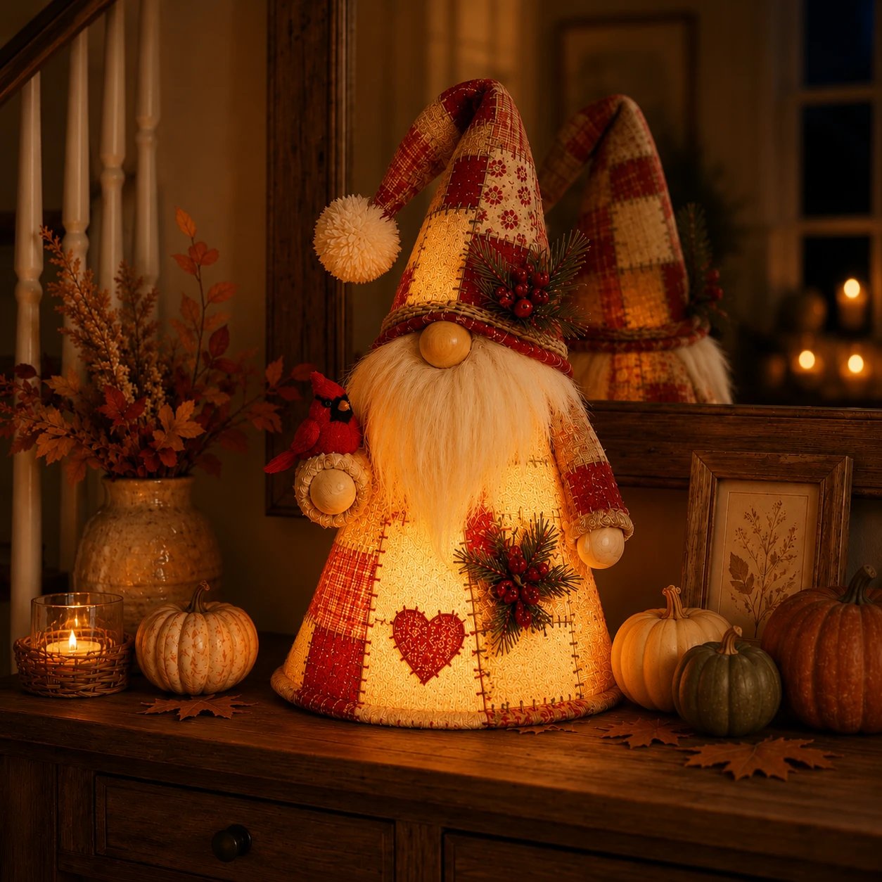 🔥 LAST DAY 49% OFF – 🐦 Patchwork Bird Gnome Light Collection | Warm Glowing Tabletop Decor with Farmhouse Patchwork Details for Mantels, Shelves & Holiday Gifts ✨（副本）