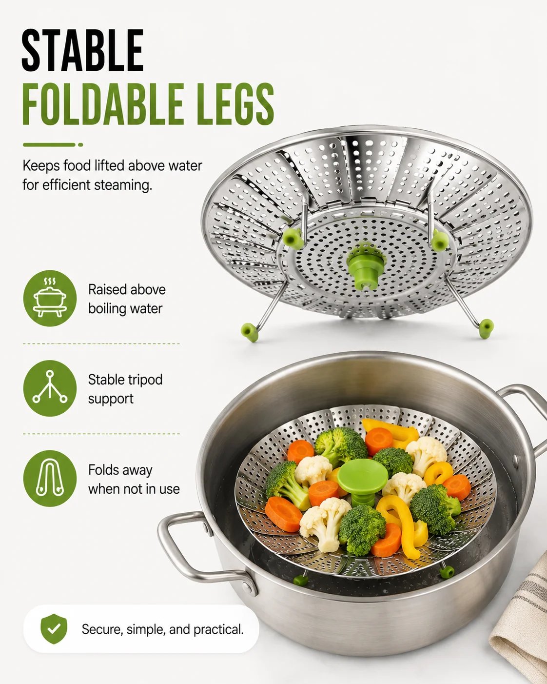 Expandable Stainless Steel Steamer Basket | Foldable Pot Insert
