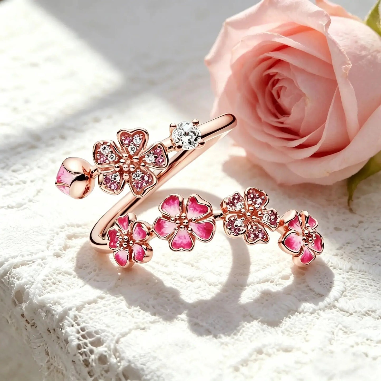 Adjustable Peach Blossom Ring for Women, Pink Floral Open Band Ring