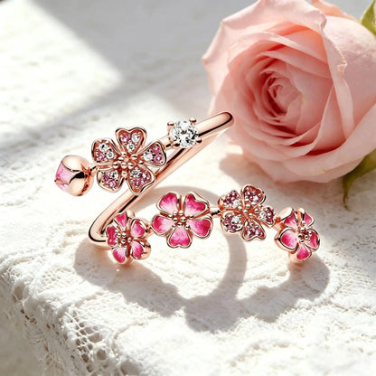 Adjustable Peach Blossom Ring for Women, Pink Floral Open Band Ring