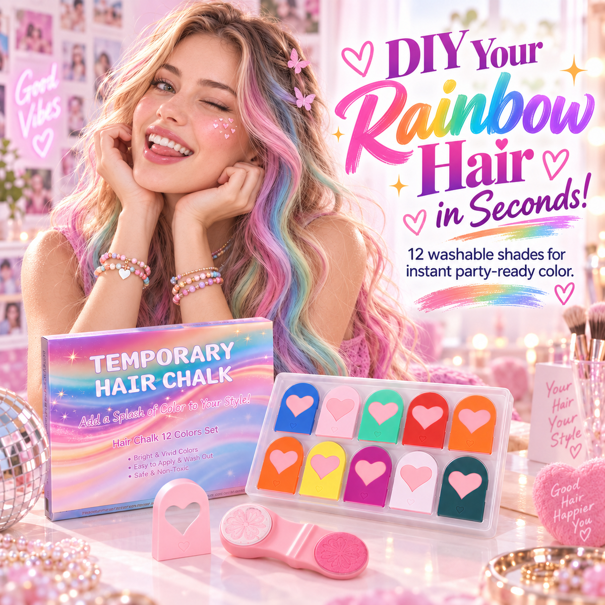 🎨 12-Color Temporary Hair Chalk Comb 🌈
