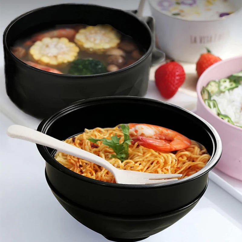 ✨ Stoneware-Inspired Diamond-Faceted Ramen Bowl Set | 40oz Microwave-Safe Ramen Maker with Built-in Drain & Utensils 🍜