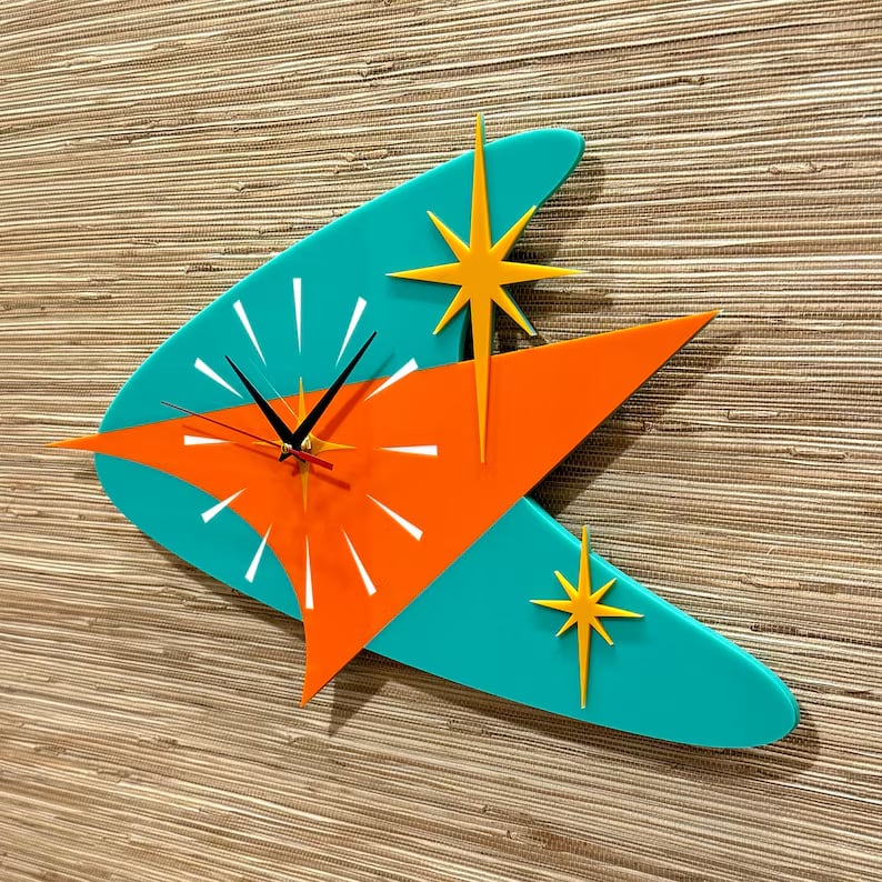 🕰️✨ Mid Century Modern Atomic Boomerang Wall Clock | Retro 1950s Starburst Design