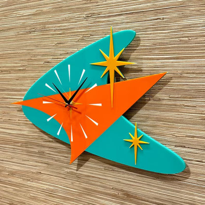🕰️✨ Mid Century Modern Atomic Boomerang Wall Clock | Retro 1950s Starburst Design