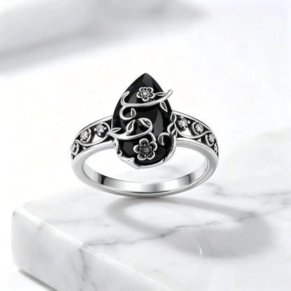 925 Sterling Silver Synthetic Obsidian Ring with Vintage Flower Design