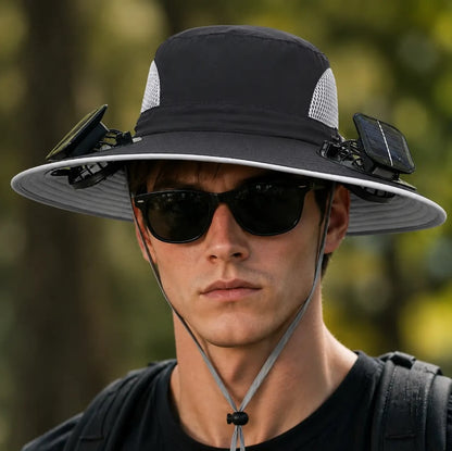 2026 New⚡Solar-Powered Outdoor Cooling Fan Hat – Wide Brim Sun Protection, Dual Fans, 3 Speeds, USB + Solar Charging, Unisex