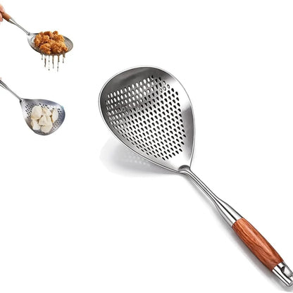 Stainless Steel Slotted Spoon with Wooden Handle – Pasta, Dumpling & Frying Skimmer