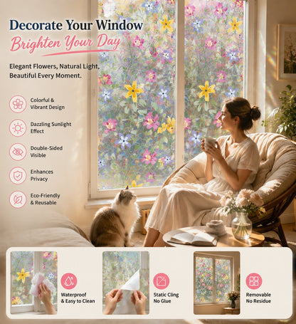 💐Colorful flowers, dazzling sunlight, double-sided visible glass decorative wall stickers