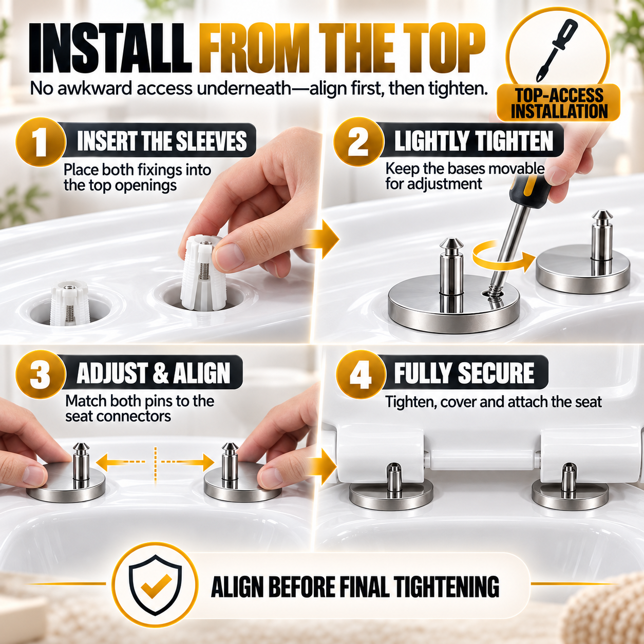 🔩 4-Pack Top-Fix Toilet Seat Hinge Bolts – Adjustable Anti-Wobble Replacement Kit