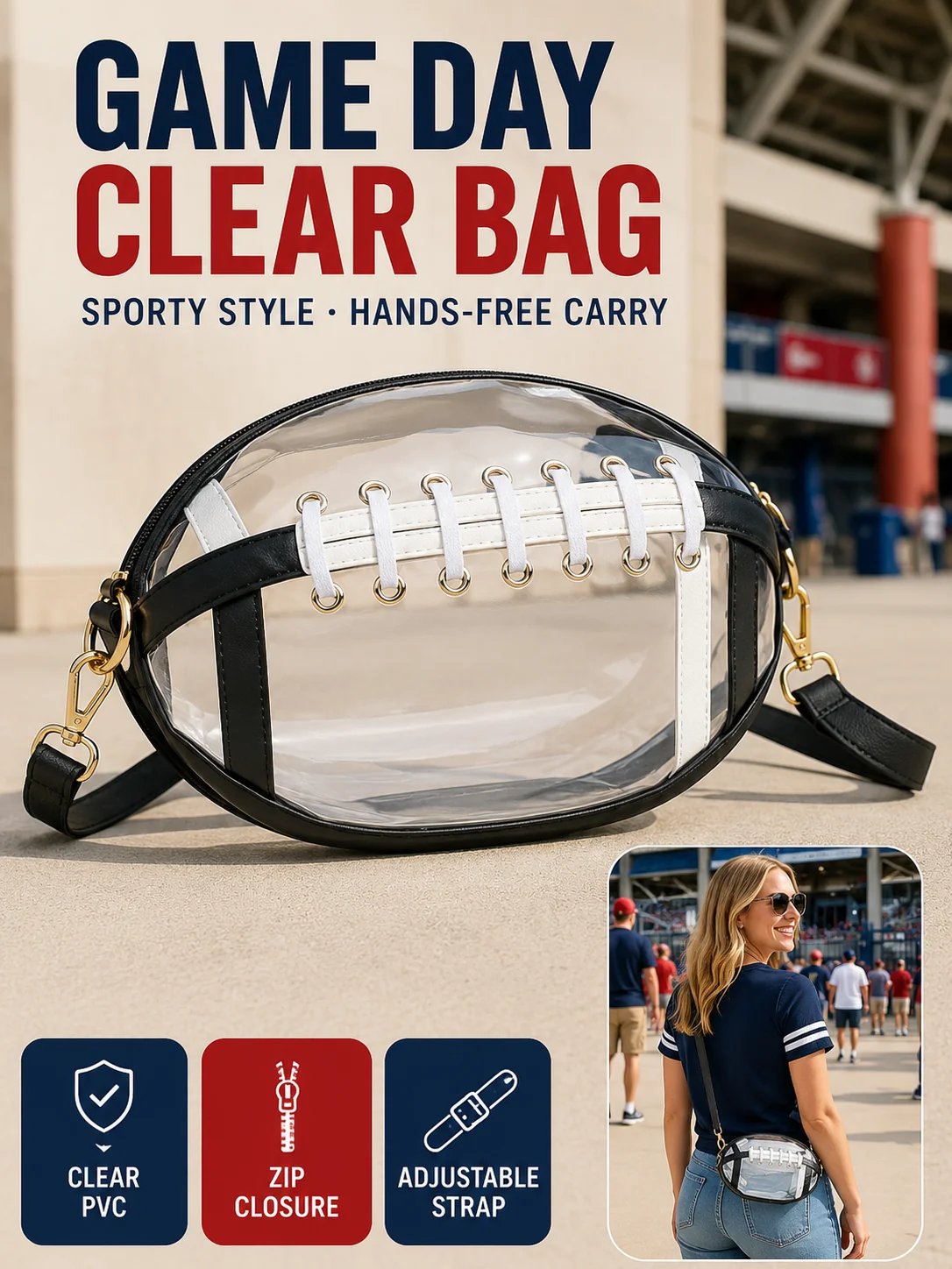 🏈 Game Day Favorite Clear Football Crossbody Bag with Adjustable Strap