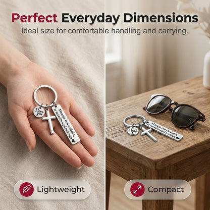 Keychain with Cross and "I Love You" Charm – Stainless Steel "Drive Safely" Ring (Spanish Inscription)