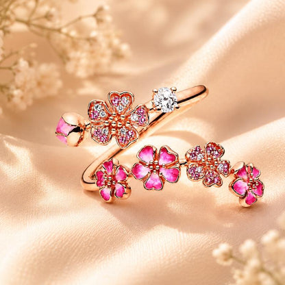 Adjustable Peach Blossom Ring for Women, Pink Floral Open Band Ring