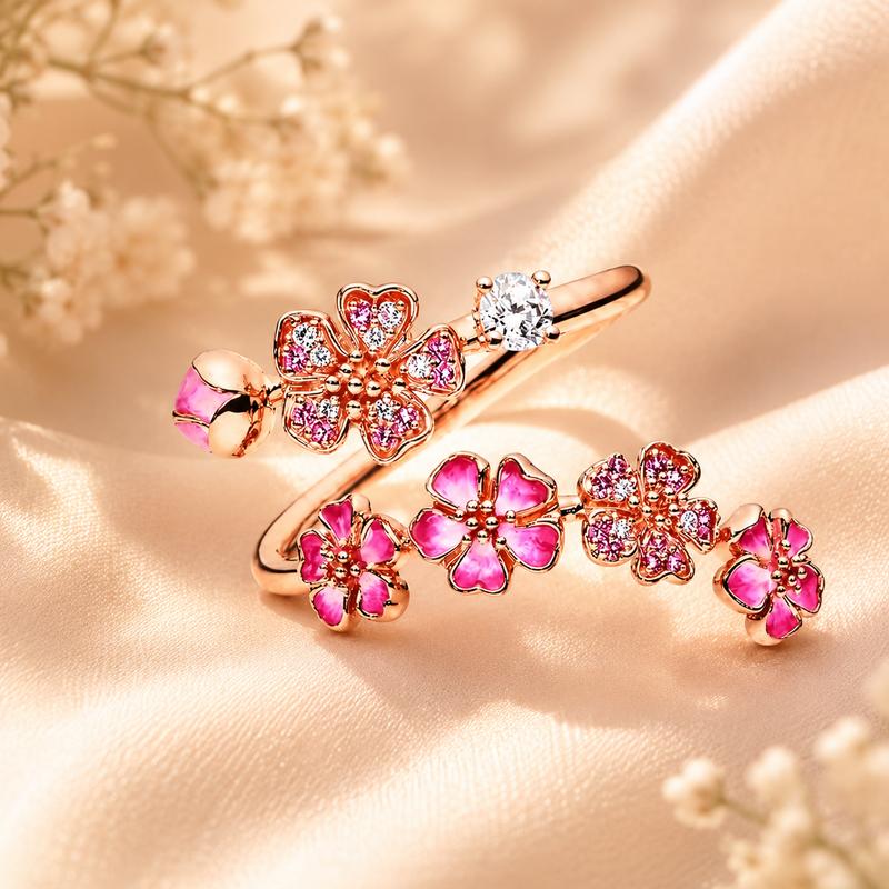 Adjustable Peach Blossom Ring for Women, Pink Floral Open Band Ring, 18K Gold Plated Cubic Zirconia Flower Jewelry Gift for Her