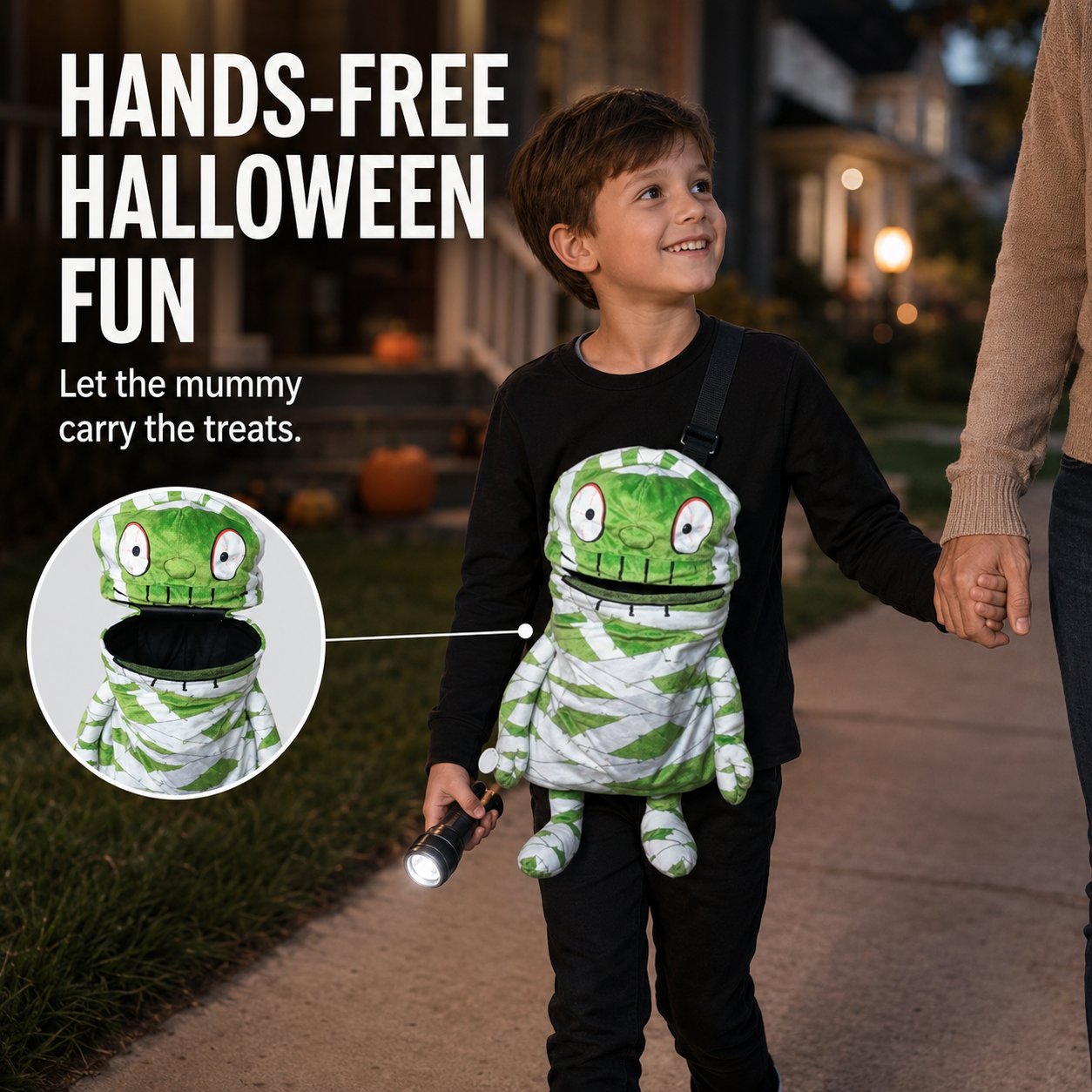 🧟🍬Hands-Free Musical Animated Mummy Children's Halloween Trick orTreat Bag with Wide-Open Mouth