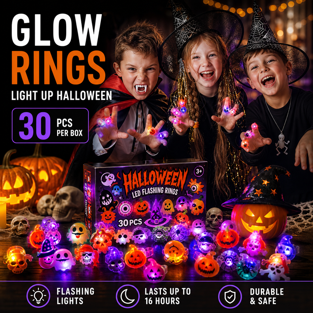 🔥🎃50 Pieces Each Box‼️✨LED Light Halloween Glowing Ring 💍| Flashing Light‑Up Party Favor for Halloween Night👻
