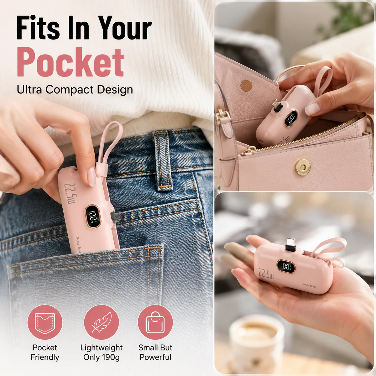 🔋 Pocket Power Bank With Built In Cable 22-5W Fast Charging