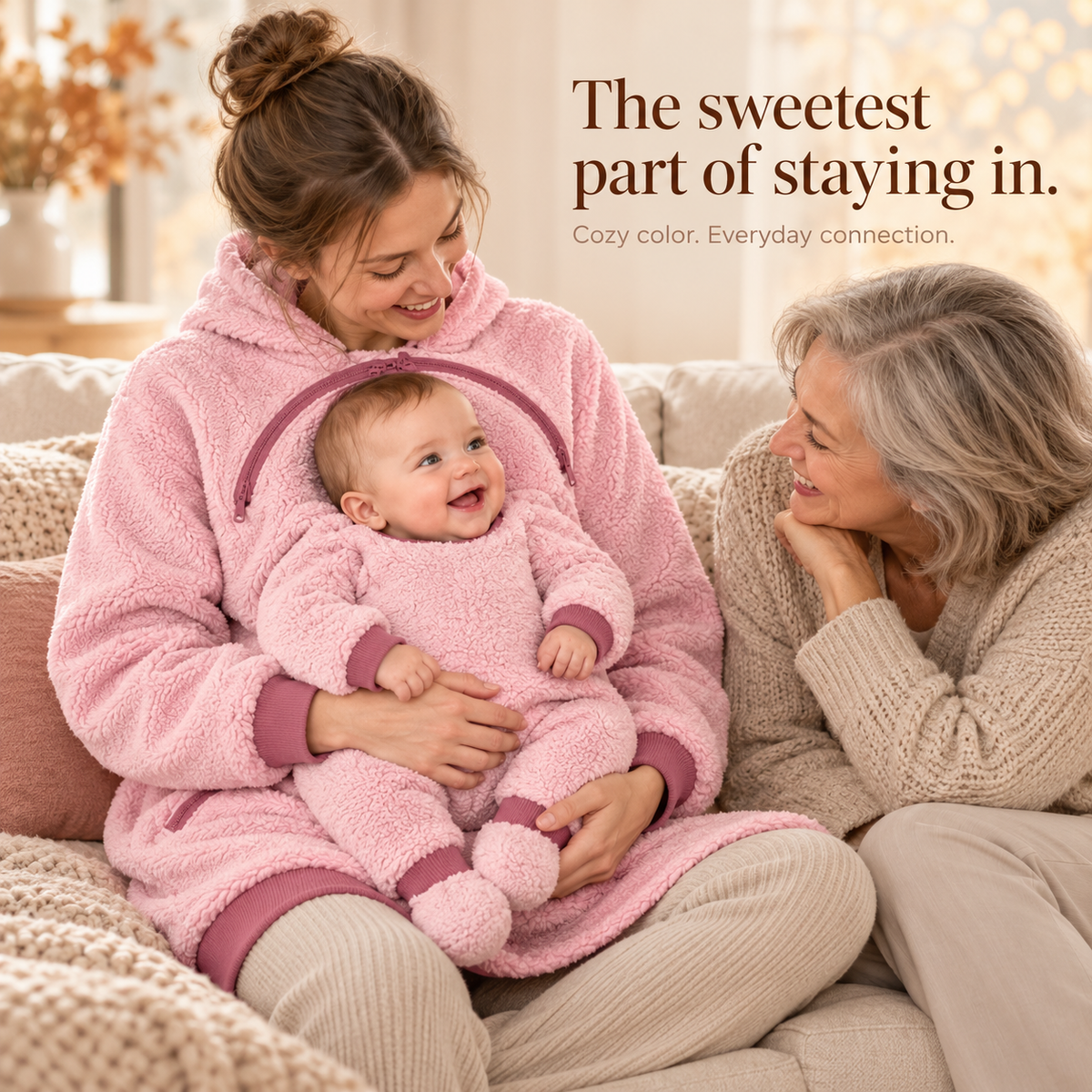 Seated mother supporting her baby in the Pink hoodie beside a grandparent