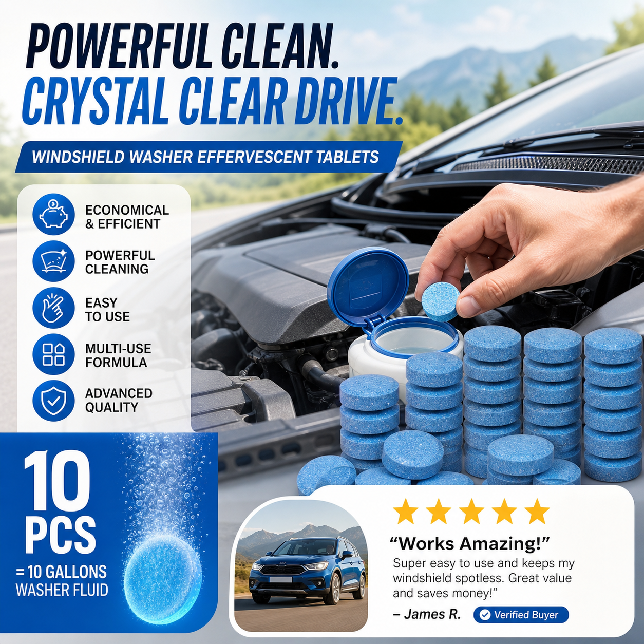 🚗💧 Windshield Washer Fluid Tablets – Concentrated Car Glass Cleaner, 1 Tablet Makes 1 Gallon